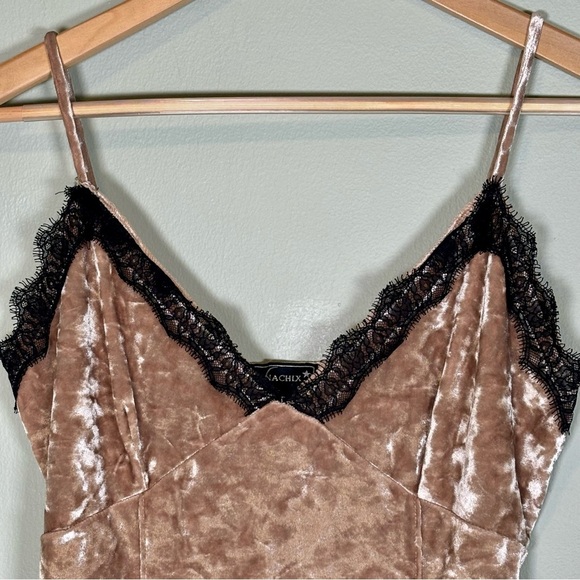 Lunachix Slip Dress-Gold Velvet with Black Lace Trim-Women Medium - Picture 2 of 8